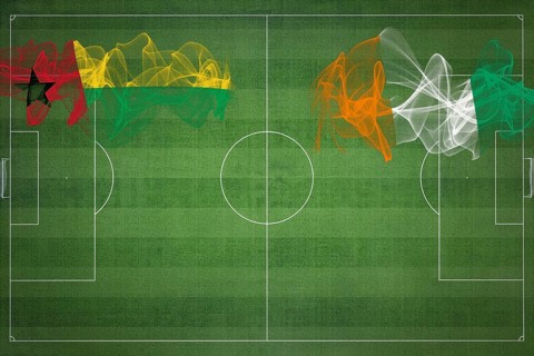 Guinea Bissau vs Ivory Coast Soccer Match, national colors, national flags, soccer field, football