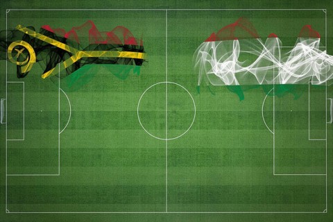 Vanuatu vs Hungary Soccer Match, national colors, national flags, soccer field, football game,