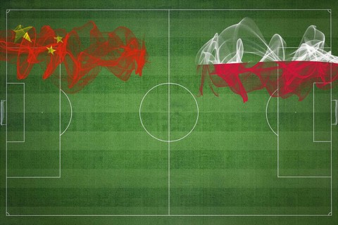 China vs Poland Soccer Match, national colors, national flags, soccer field, football game,