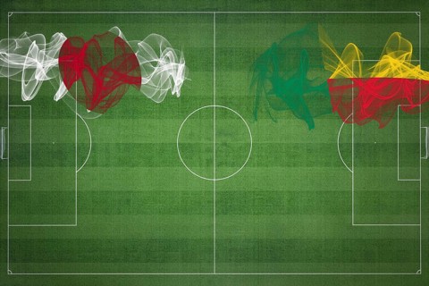 Japan vs Benin Soccer Match, national colors, national flags, soccer field, football game,