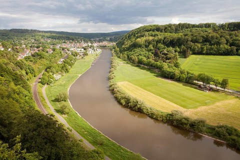 View from the Skywalk on River Weser, Beverungen, Weser Uplands, North Rhine-Westphalia, Germany,