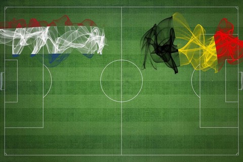 Netherlands vs Belgium Soccer Match, national colors, national flags, soccer field, football game,