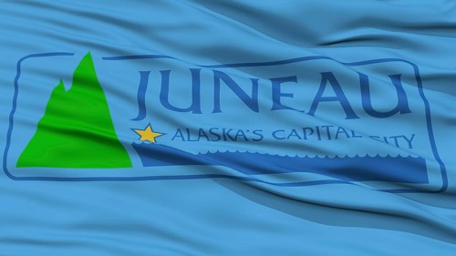 Closeup Juneau Flag, Capital of Alaska State, Flying in the Wind