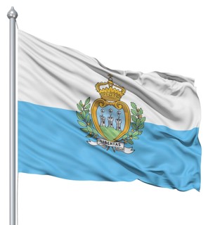 Flag of San Marino with flagpole waving in the wind against white background