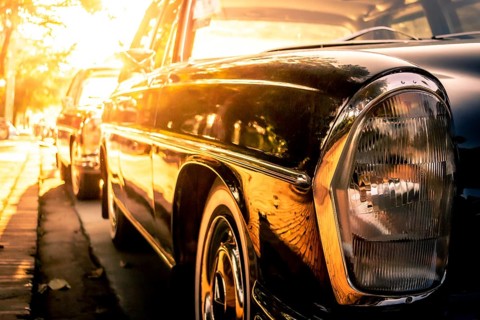 Side view of a Mercedes Benz W114, /8, stroke eight or Strich Acht, parked in the streets of Luang