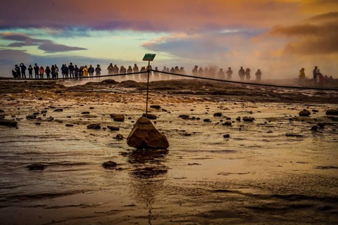Geysir geyser and sunrise Iceland. Shooting Location: Iceland, Reykjavik
