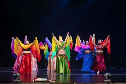 July 01, 2023. Belarus.the city of Gomel. An oriental dance ensemble. A group of women of different