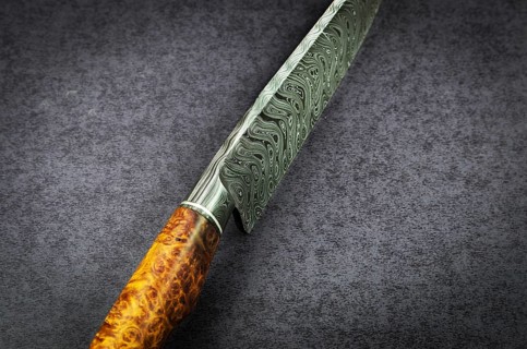Beautiful luxurious utility knife in Texas Wind damask pattern with noble wood handle on dark