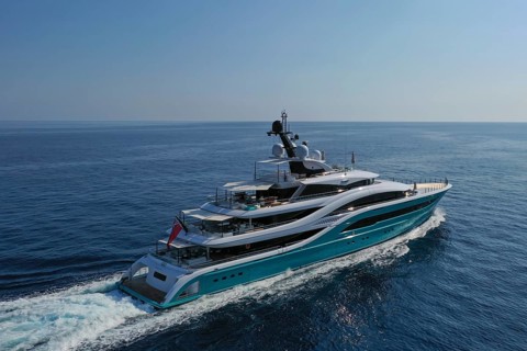 Aerial view of the 77-metre motor yacht GO, delivered in 2018 by the Turkish shipyard Turquoise