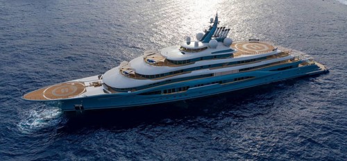 Aerial view of 136 metre superyacht Flying Fox, delivered in 2019 by the Bremen shipyard Lürssen