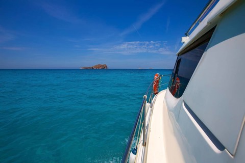 Bledes Bledas Ibiza islands view from boat side in Balearic Mediterranean