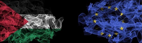Flags of Palestine and EU on Black background, Palestine vs Europe Union Smoke Flags