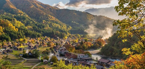 Shirakawago village Gifu Japan panorama, Historical Japanese traditional Gassho house at Shirakawa