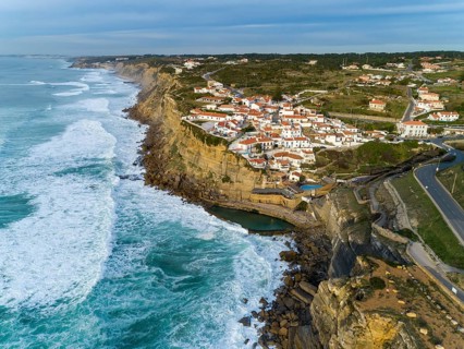 Aerial view of beautiful coastal town Azenhas do Mar in Portugal. The picturesque town on the