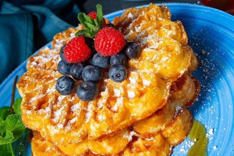 Simple sweet waffles with raspberries and blueberries