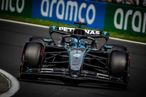George Russell of Great Britain drives the Mercedes AMG Petronas F1 Team W16 during third practice