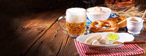 Delicious bavarian oktoberfest white sausage with sweet mustard