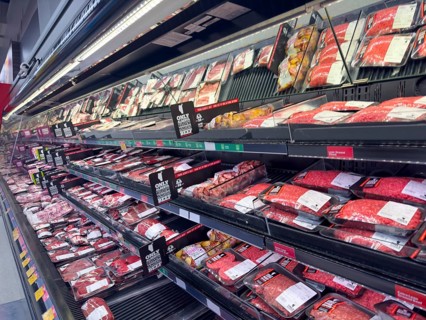 Calgary, Alberta, Canada. Feb 8, 2024. The meat department of a supermarket, complete with both