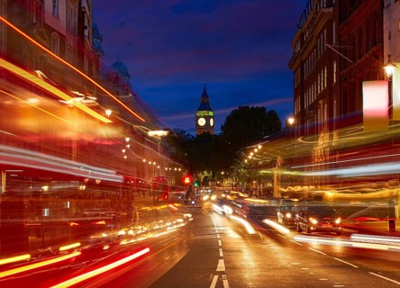 London Big Ben from Trafalgar Square traffic lights at sunset