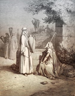 Eliezer and Rebekah at the well, woodcut by Gustave Doré