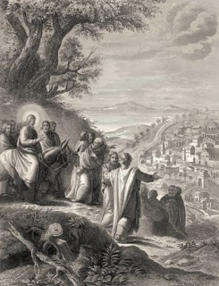 Jesus riding a donkey to Jerusalem, New Testament, steel engraving 1853, digitally restored