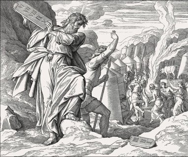 Moses destroying the tables, Golden Calf, Old Testament, by Julius Schnorr von Carolsfeld, 1860