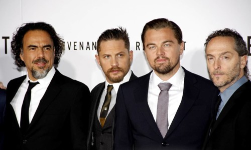 HOLLYWOOD, CA, Alejandro Gonzalez Inarritu, Emmanuel Lubezki, Leonardo DiCaprio and Tom Hardy at