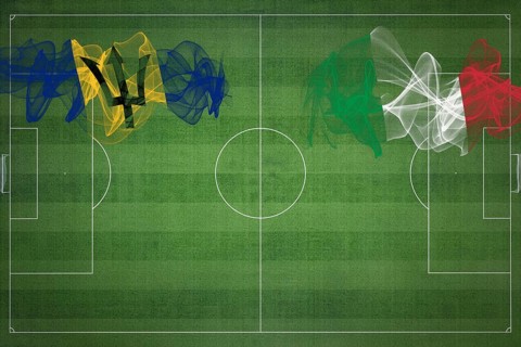 Barbados vs Italy Soccer Match, national colors, national flags, soccer field, football game,