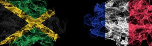 Flags of Jamaica and France on Black background, Jamaica vs France Smoke Flags