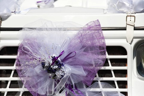 Detail with pink bowl of a French wedding car