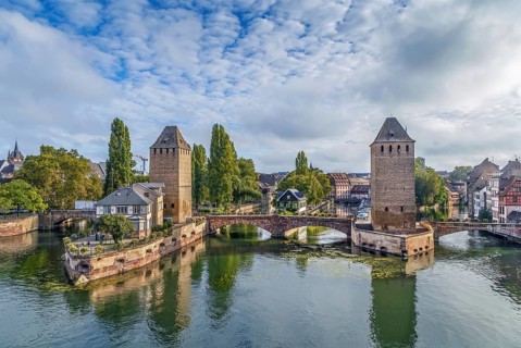 View of medieval bridge Ponts Couverts from the Barrage Vauban in Strasbourg, France, Europe