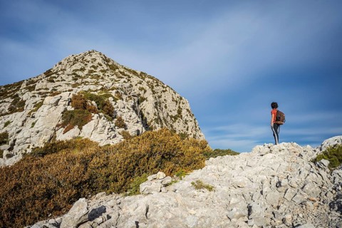 Hiker ascending Puig Galatzo, dry stone path, GR221, Calvia, Natural area of the Serra de