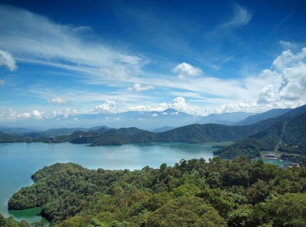 A view of the beautiful Sun Moon Lake in Taiwan with the Central Mountains in the back