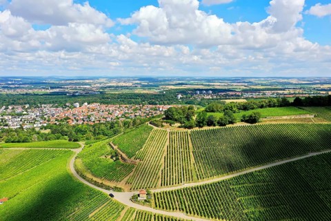 Aerial view of the Scheuerberg near Neckarsulm with its striking summit cross. Neckarsulm,