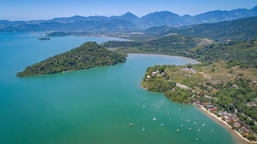 Panoramic aerial view of the coast near Tarituba with wonderful bays, islands, green mountains and