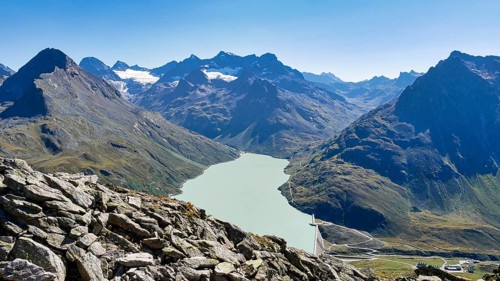 Mountain panorama at the Silvretta reservoir with Hohem Rad, Piz Buin and many other mountain peaks