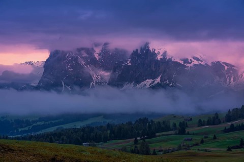 Panoramic view of the Langkofel Group from Seiser Alm in the Dolomites in South Tyrol, Italy,