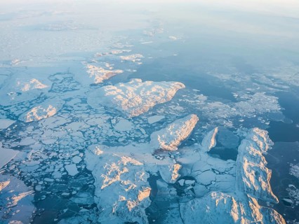View of the Arctic ice from the plane, the expanses of the Arctic