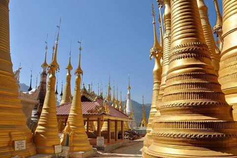 Pagoda field at inle lake, burma