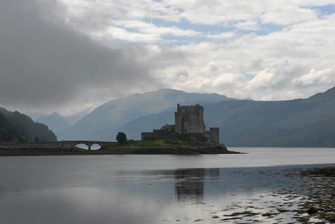 Reflection, morning fog, Eilean Donan Castle, Dornie, Scotland, Great Britain