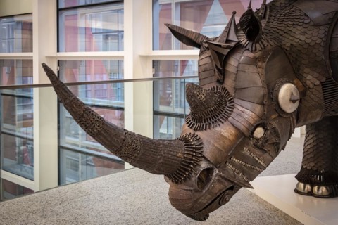 Recycled iron Rhino, Cristino Diez, Museo de la evolución humana, MEH, Burgos, Spain, Europe