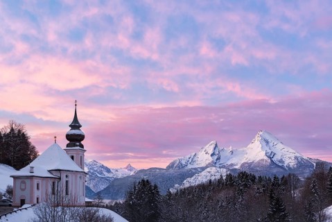 Watzmann at sunset with church, Bavaria, Berchtesgaden, Germany Alps
