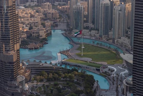 A picture of the Burj Khalifa Park and Lake as seen from above