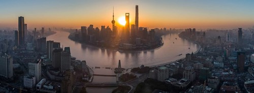 Panoramic Aerial View of Shanghai Skyline at Sunrise. Lujiazui Financial District. China