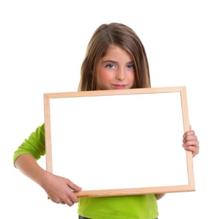 Child girl with white frame copy space white blackboard blue eyes to camera
