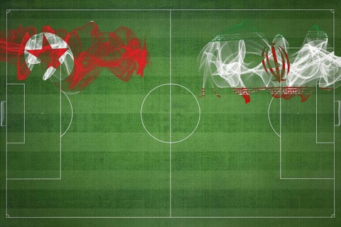North Korea vs Iran Soccer Match, national colors, national flags, soccer field, football game,