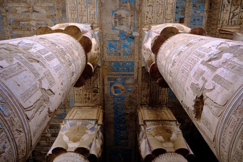Colonnade at Hypostyle Hall of Temple of Hathor. Columns are decorated with reliefs and