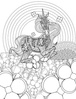Beautiful Unicorn In Flower Fields Looking Front Colorless Line Drawing