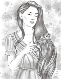 Woman In Gown Standing Greyscale Line Drawing Combing Beautiful Hair