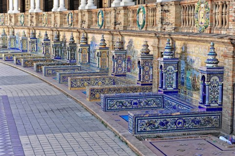 Plaza de España in Seville, Seville, Andalusia, Spain, Europe, Several artistic benches with